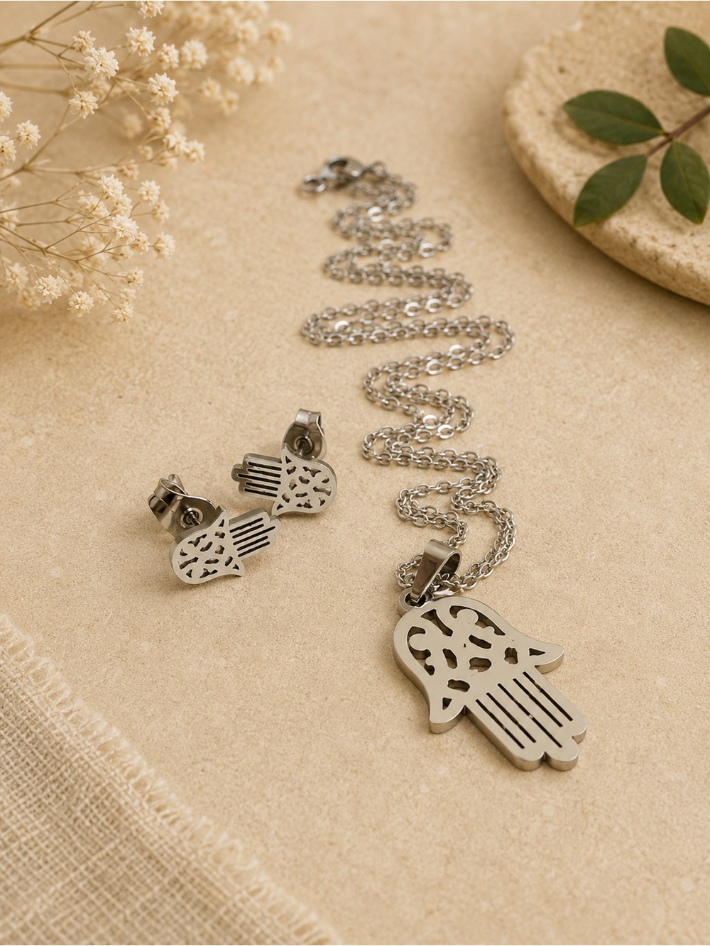 Stainless steel Hand of Fatima necklace set